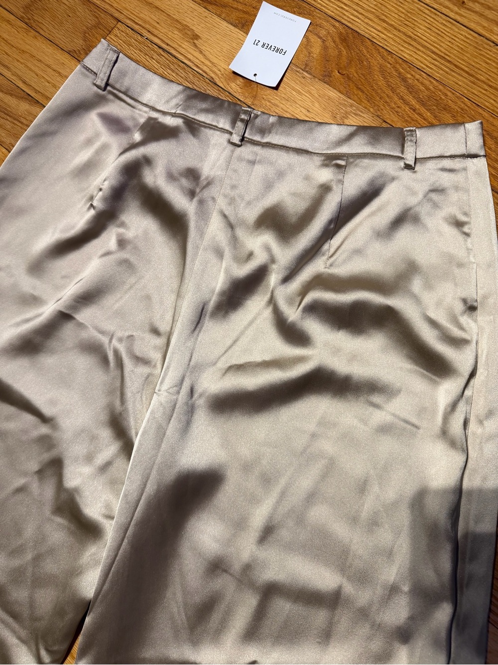 NWT Forever 21 Satin Wide-Leg Pants Champagne Beige with Slit Cover shimmer sz L - Picture 6 of 6
